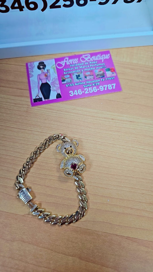 Gold bear bracelet with red heart